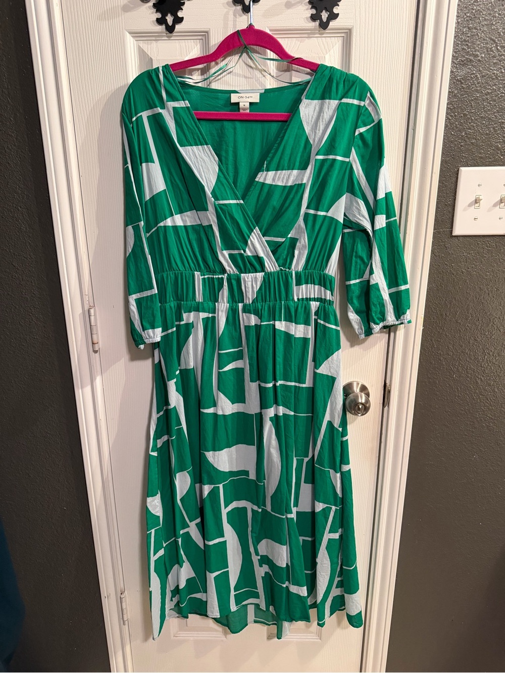 Green Geometric Faux-Wrap Midi Dress by One State